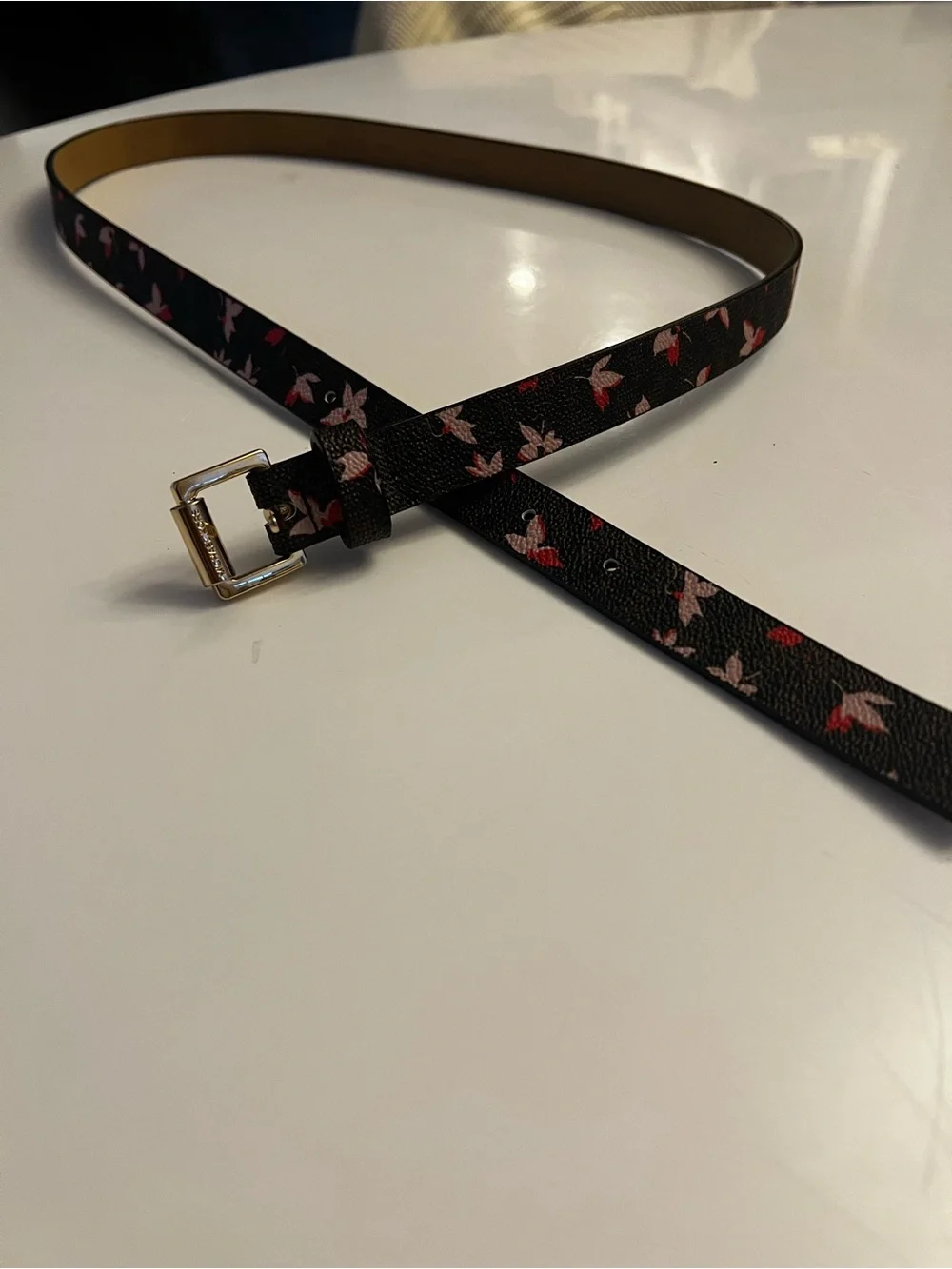 Michael Kors Black Leather Belt with Gold Buckle and Pink/Red Floral Accents